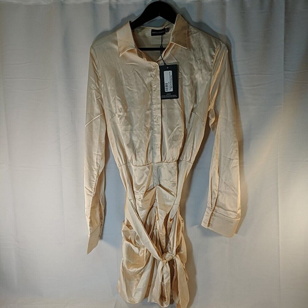 Pretty Little Things Champagne Satin Ruched Shirt Dress Womens US 8 NEW NWT Belt
